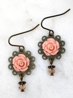 Vintage Style Pink Rose Filigree Drop Earrings